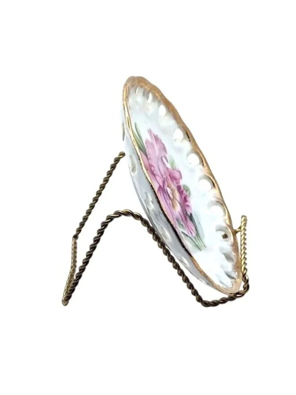 Yamaka China Porcelain Floral Iris Lace Edge Plate Gold Trim Stand Japan Vintage